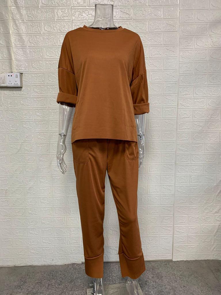 2025 European & American Women's Autumn Two-Piece Set: Casual Loose Solid Color Crew Neck Top & Nine-Point Pants