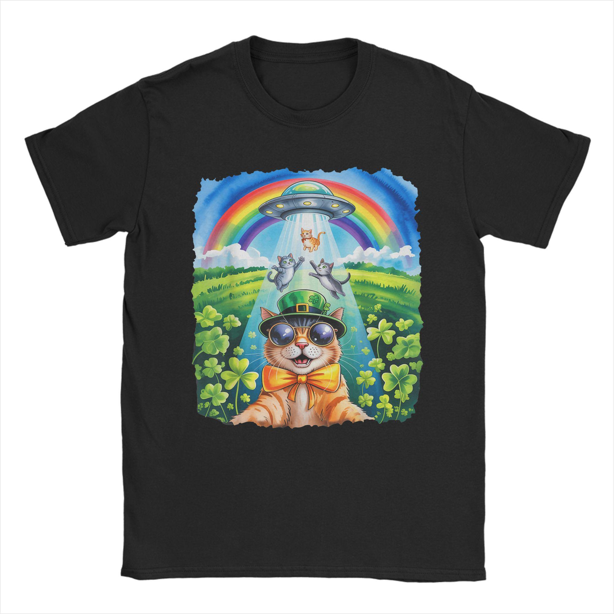 Funny Cat Selfie with Alien UFO Shamrock St Patricks Day T Shirt Summer Trendy Cool TShirts Unisex Pure Cotton Breathable Tees S