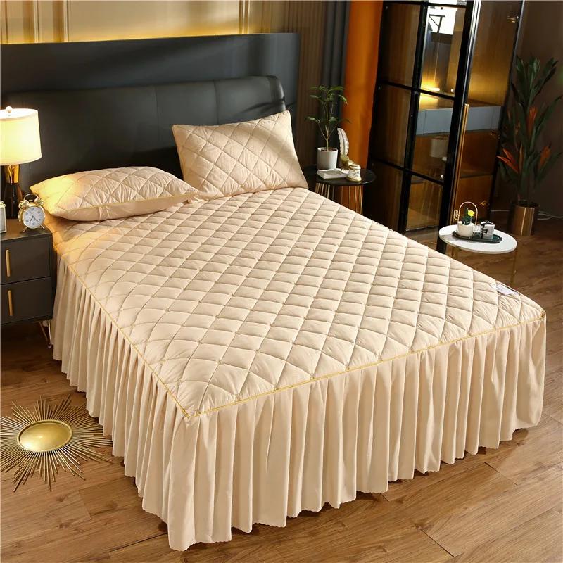 Luxury Quilted Bed Skirt Winter Warm Thicken Velvet Bedspread King Good Hand Feeling Bed Cover Not Included Pillowcase
