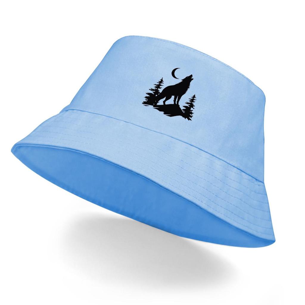 Svart Varg och Måne Tryck Bucket Hat , Skogsdjur Herrkeps Vikbar Godisfärg Mode Bassänghatt