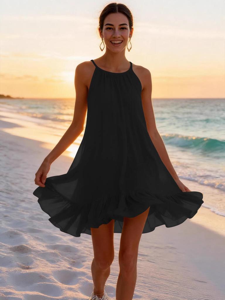 Spring Summer Sleeveless Pleated Halter Vacation Dress for Women
