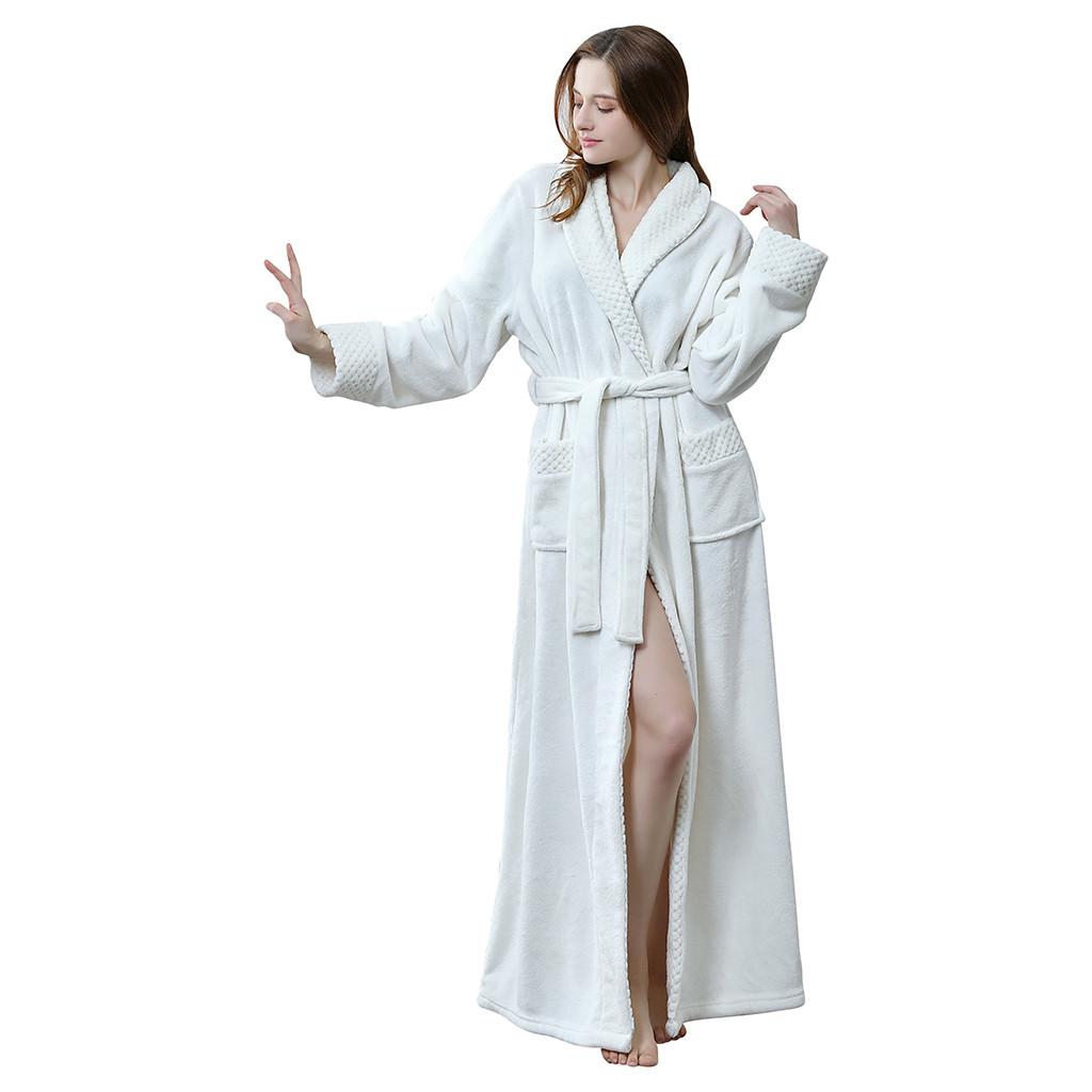 Women Solid Thicken Velvet Robe Bathrobe Gown Pajamas Sleepwear Pocket Waistband