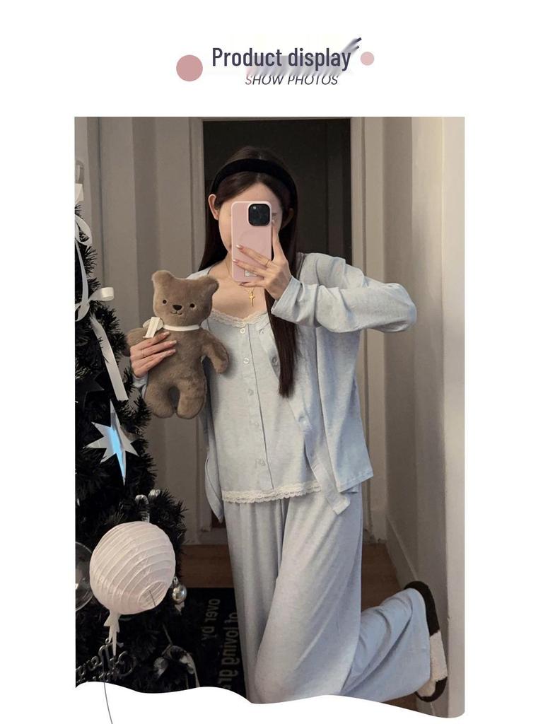 Women's Ins Camisole Three-Piece Set: Long Sleeve Top & Pants | Loose Korean-Style Autumn/Winter Home Wear