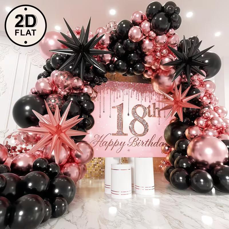 2D Black Rose Gold 18th Birthday Photo Booth Background & Balloons