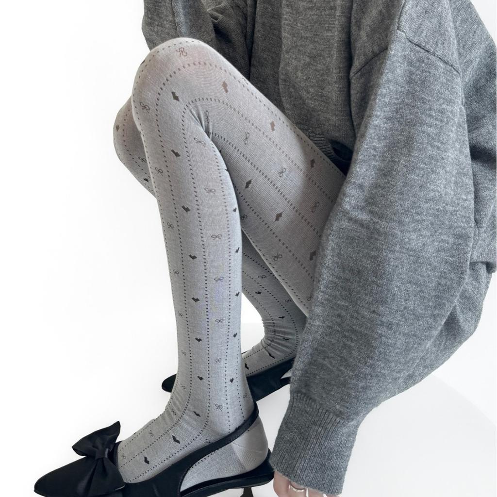 Gray Love Bow Hollow Dark Pattern Jacquard Pantyhose Spring and Autumn Leggings with Boots Vertical Pattern Micro-transparent Socks