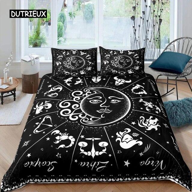 Sun Moon Duvet Cover Set Queen Microfiber Bohemian Black and White Print Yin Yang Comforter Cover Galaxy Star Twin Bedding Set Three Piece Set
