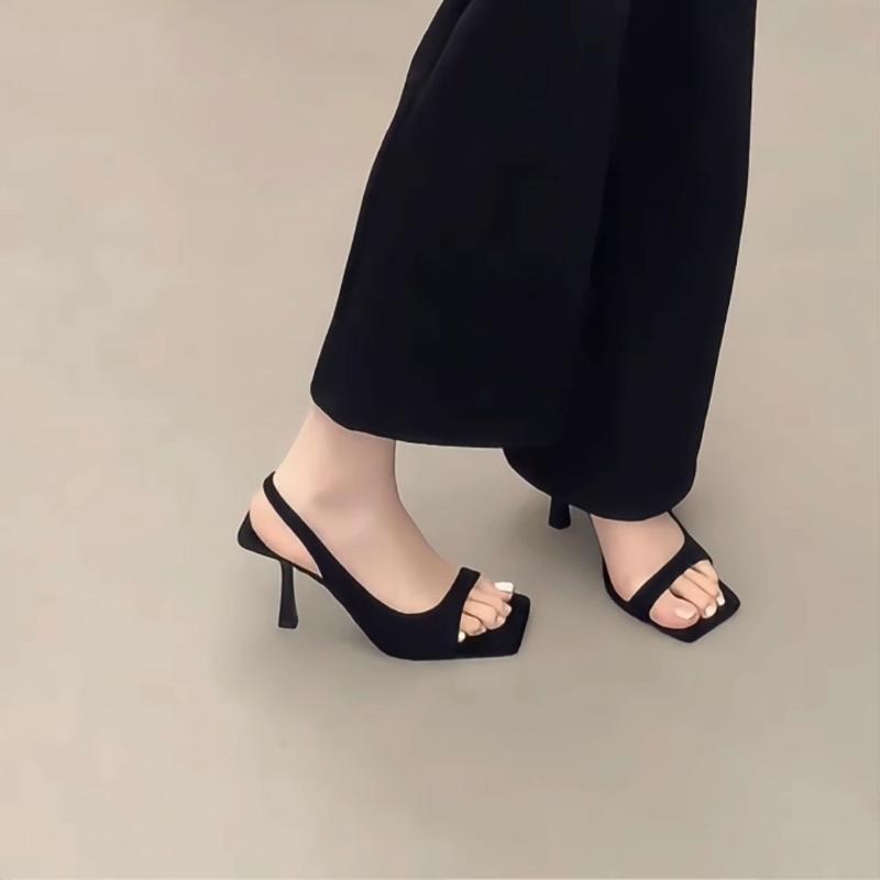 Fashion French Style High Heel Sandals for Women Black Strappy Stiletto Heels with Ankle Strap