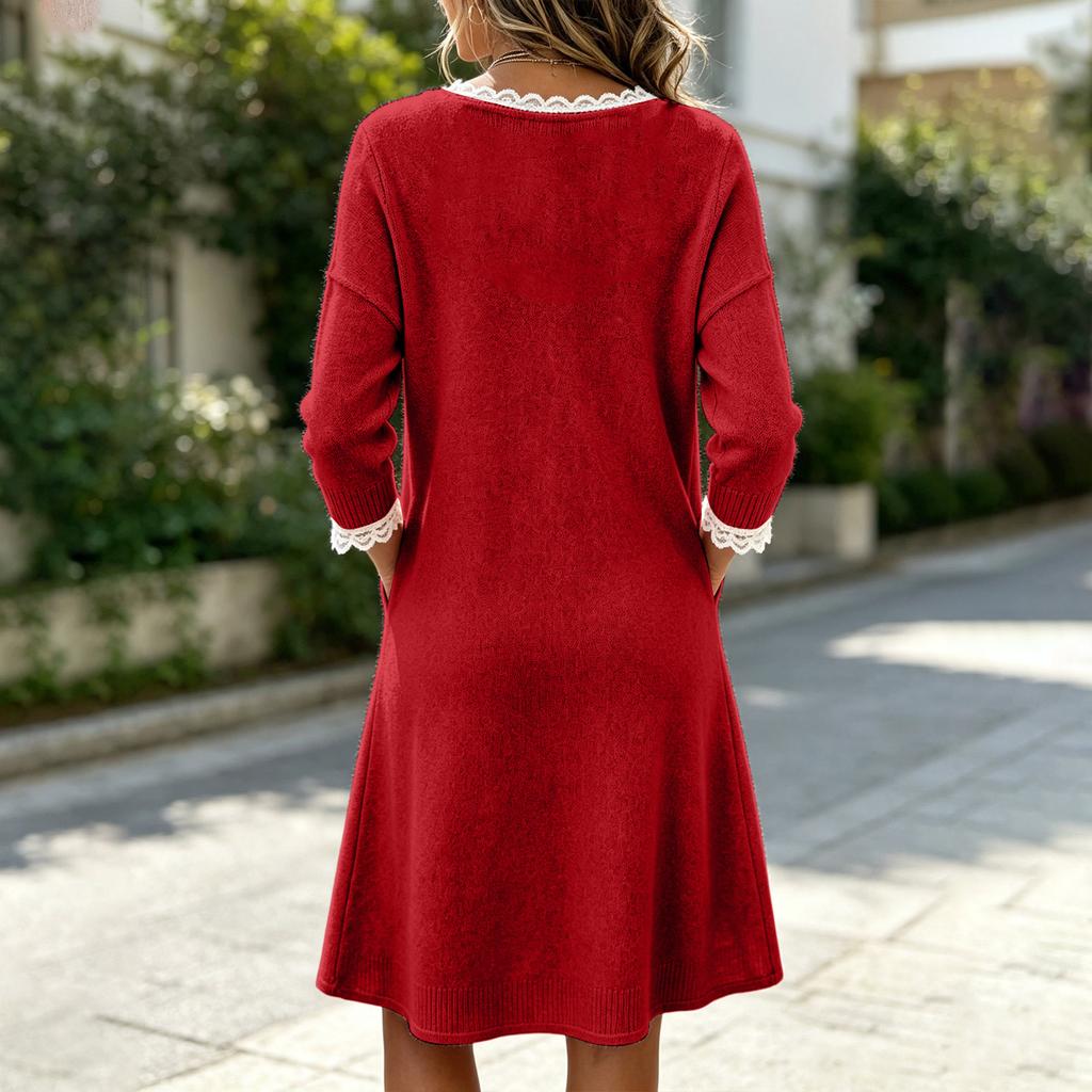 Women's Color V-Neck Sweater Dress with Lace Trim, Button and Two Pockets