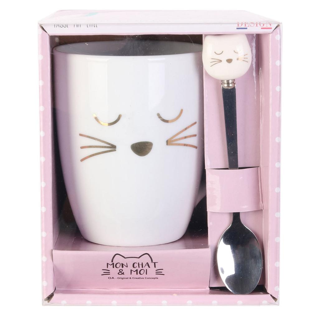 Les Trésors De Lily [R2423] - Mug porcelaine 'Chats' blanc (avec cuillère) - 30 cl