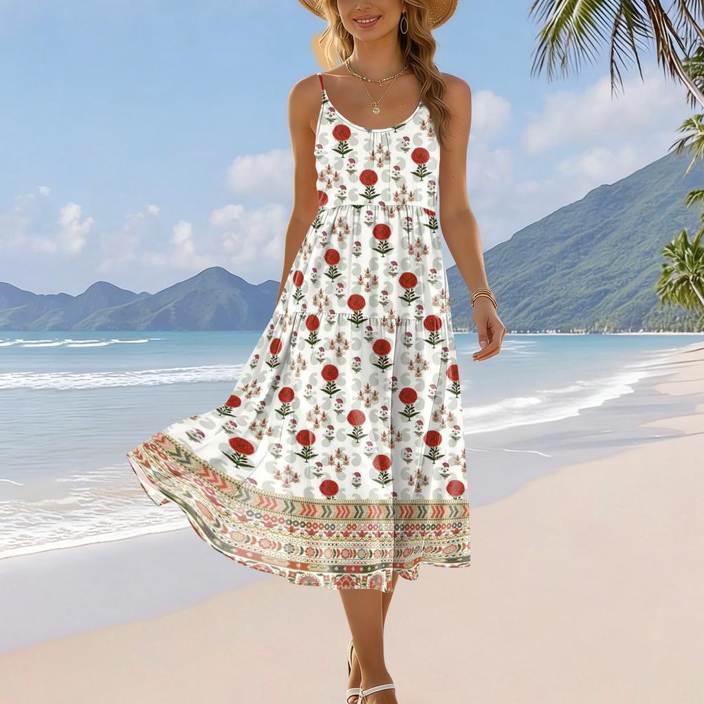 Women Summer Floral Print Adjustable Strap Pocket Bohemian Casual Beach Vacation Sundress Loose Fit Sleeveless Dress