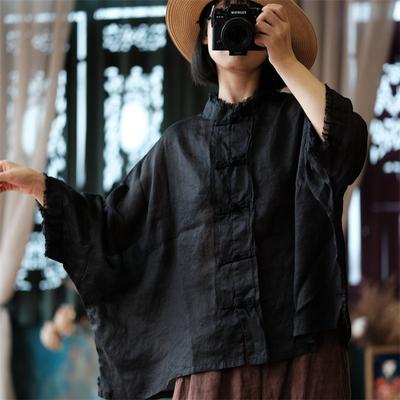 Autumn Women Fashion Vintage Washing Casual Linen Shirt Long Sleeves Loose Distress O-Neck Shirt