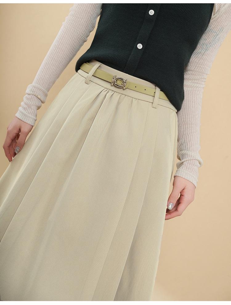 Women's Tencel Wool A-line Midi Skirt, High Waist, Hip-Covering, Pleated, Spring/Autumn 2025