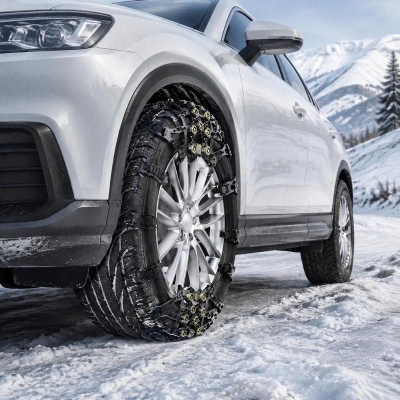 Snow Tire Chains with Individual Over-Tire Sections and Metal Contact Cups for Temporary Roadside Fitting and Use