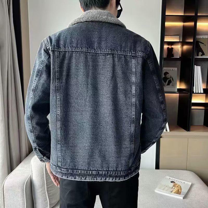 Men's 2024 Slim Velvet Lapel Denim Jacket with Lambskin - Trendy Winter Korean Style