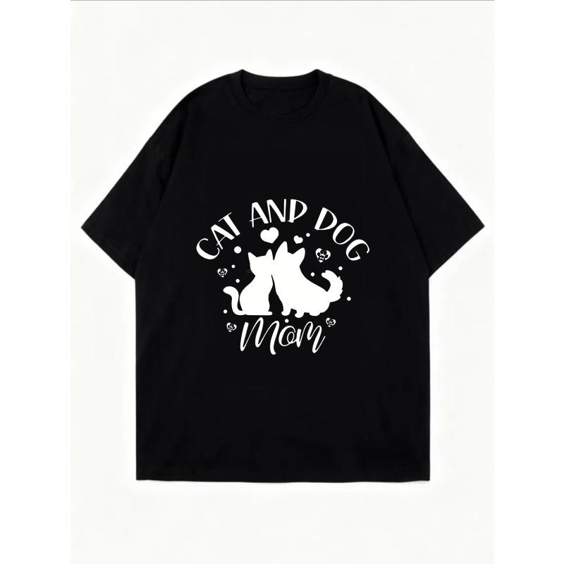Oversized T Shirt White Cat And Dog Silhouette With Hearts Print Casual Wear For Women Daily Outfit Comfortable Loose Fit Top For Home Or Outdoors