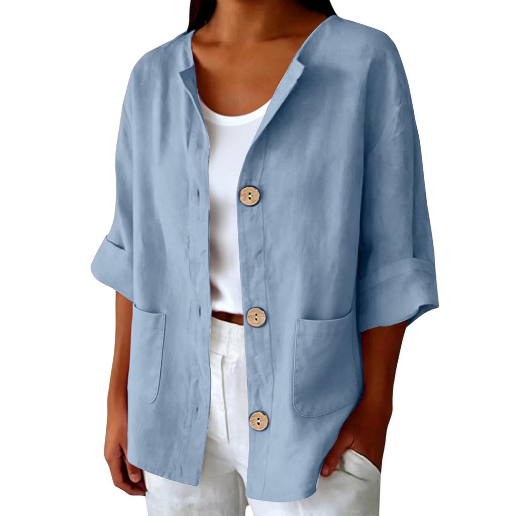 Women Casual Solid Color Linen Cotton Blend Cardigan Button Front Pocket Long Sleeve Lightweight Jacket