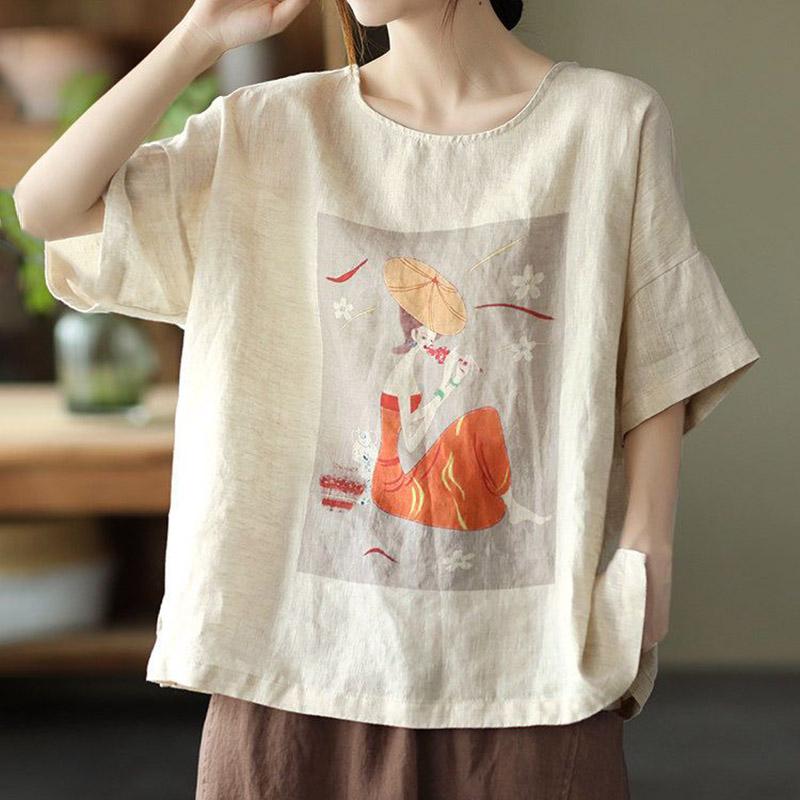 Cotton T-shirt Women Summer Soft Loose Shirt Casual Round Neck Pullover Short-sleeved Top