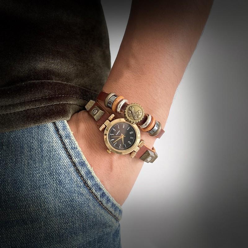 Vintage Punk Mens Leather Watch With Handmade Beaded Band Digital Quartz Wristwatch Adults