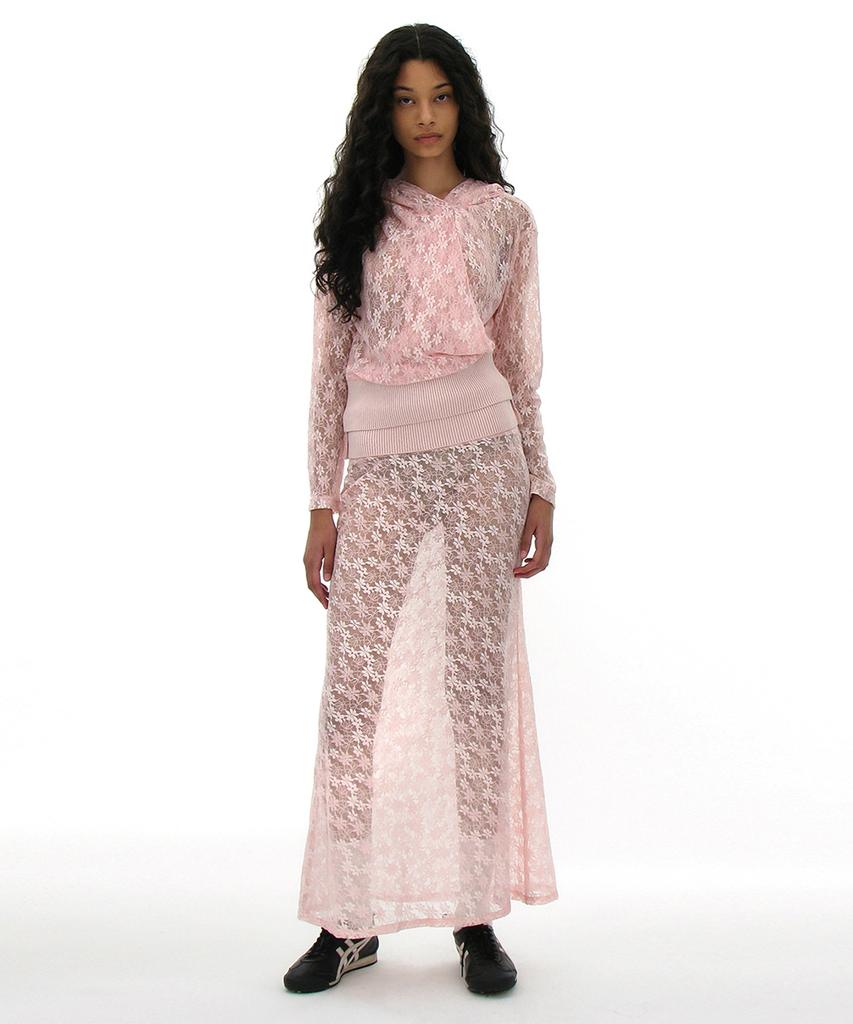 Partimento Woman Lace Flare Maxi Skirt_Pink