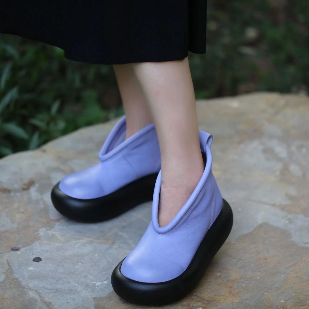 Retro Flat Platform Ankle Boots Women Slip On Platform Boots Genuine Leather Thick Heel Shoes Luxury Soft Short Boots