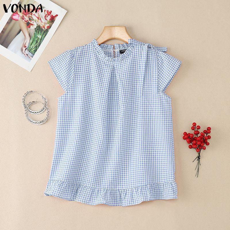 

VONDA Women Sleeveless Bow Knot Plaid Print Ruffled Casual Tank Tops 5XL синий
