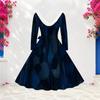 Women Plus Size Furry V Neck Long Sleeve Dark Blue Abstract Print Belted A Line Midi Dress