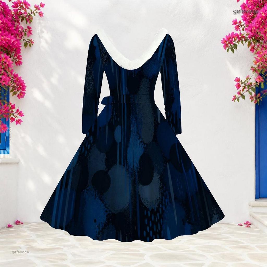 Women Plus Size Furry V Neck Long Sleeve Dark Blue Abstract Print Belted A Line Midi Dress