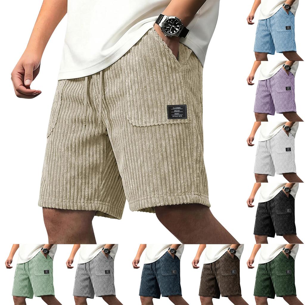Men Corduroy Shorts Casual Loose Fit Elastic Waistband Drawstring Ribbed Texture Patch Pocket Design Summer Wear