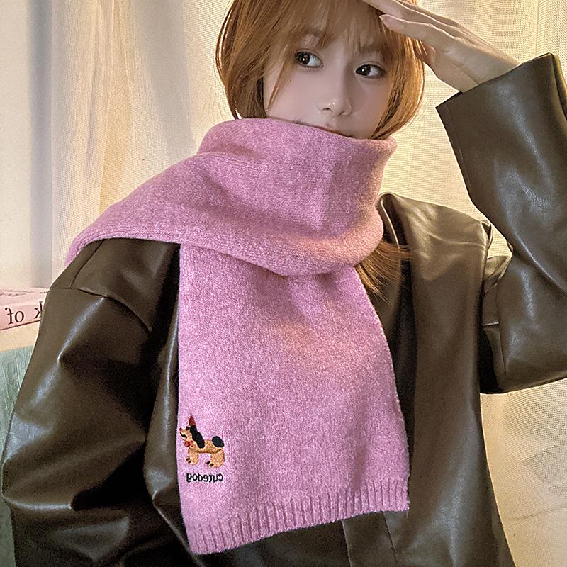Falling Pool Knitwear: Women's Cute Puppy Embroidered Winter Scarf - Warm, Versatile Cartoon Neck Warmer
