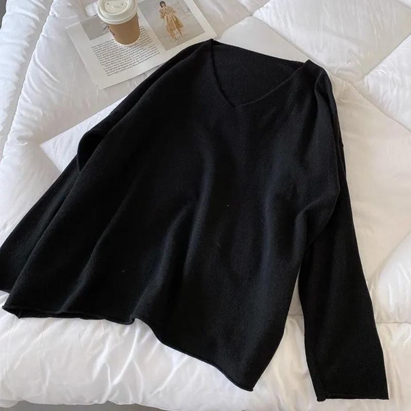 

Топ для женщин Осень Зима Большой размер Свободный Длинный рукав Вязаный V-образный вырез Пуловер Свитера Топ XXXXL чёрный