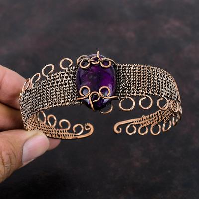 Lila Feuer Labradorit Armreif Kupferdraht umwickelt Edelstein Manschettenarmband Verstellbarer Armreif Designerschmuck Handgefertigter Armreif Kupferschmuck