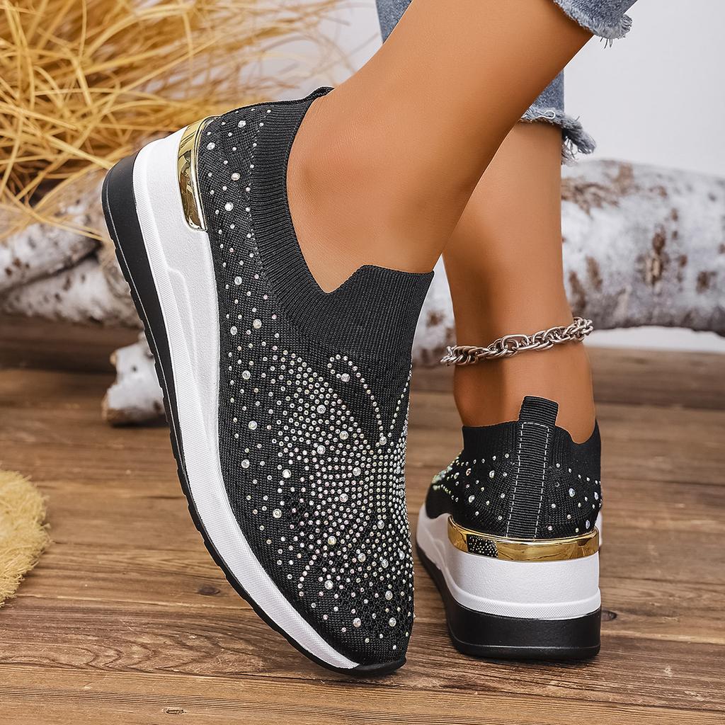 Fashion Women Rhinestone Casual Sneakers Breathable Wedge Women Lightweight Shoes Slip on New Comfortable Spring Mesh Shoes Size 36-43