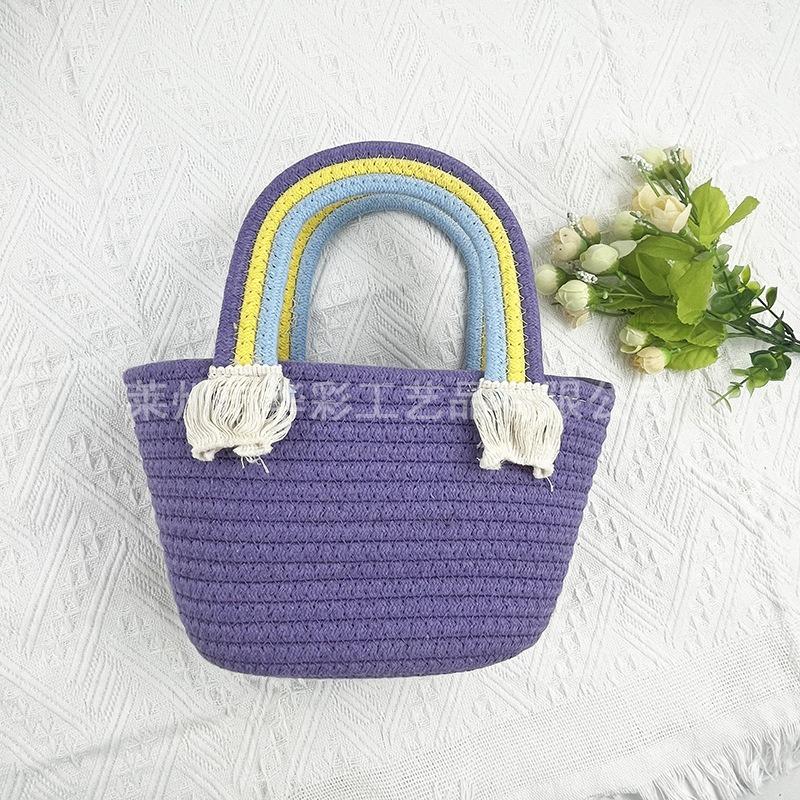 Rainbow cotton thread bag, hand-held straw cotton rope, handmade basket, seaside messenger holiday, beach bag versatile