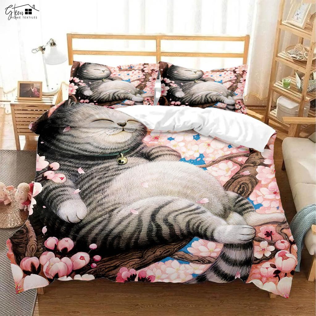 Cute Cartoon Cat Printed Quilt Cover Bedding Set 100% Polyester Duvet Cover Pillowcase Three-Piece Set