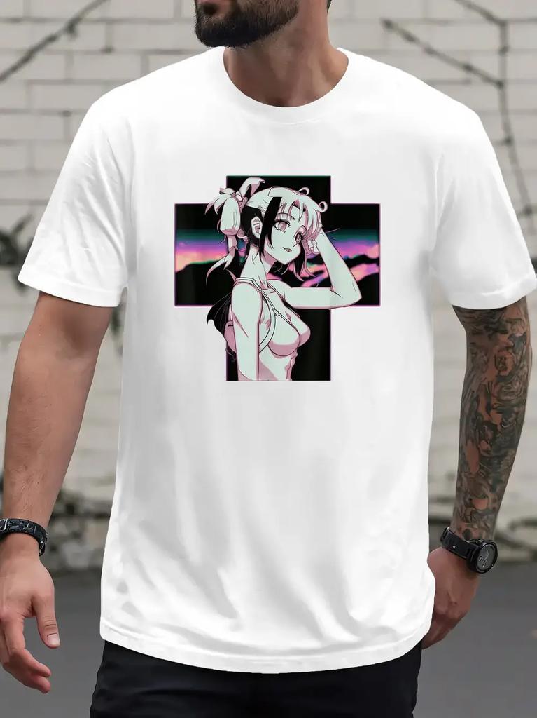 Black T-shirt with Anime Girl & Cross Print - Casual Crew Neck