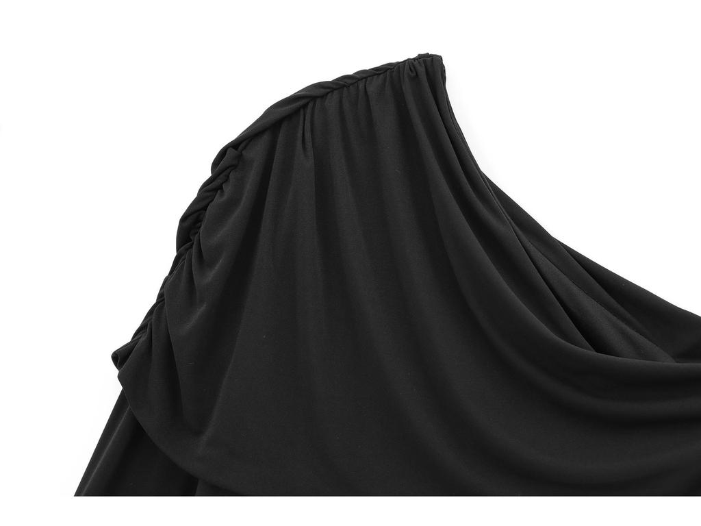 2025 Women's European & American Style Asymmetrical Pleated One-Shoulder Dress