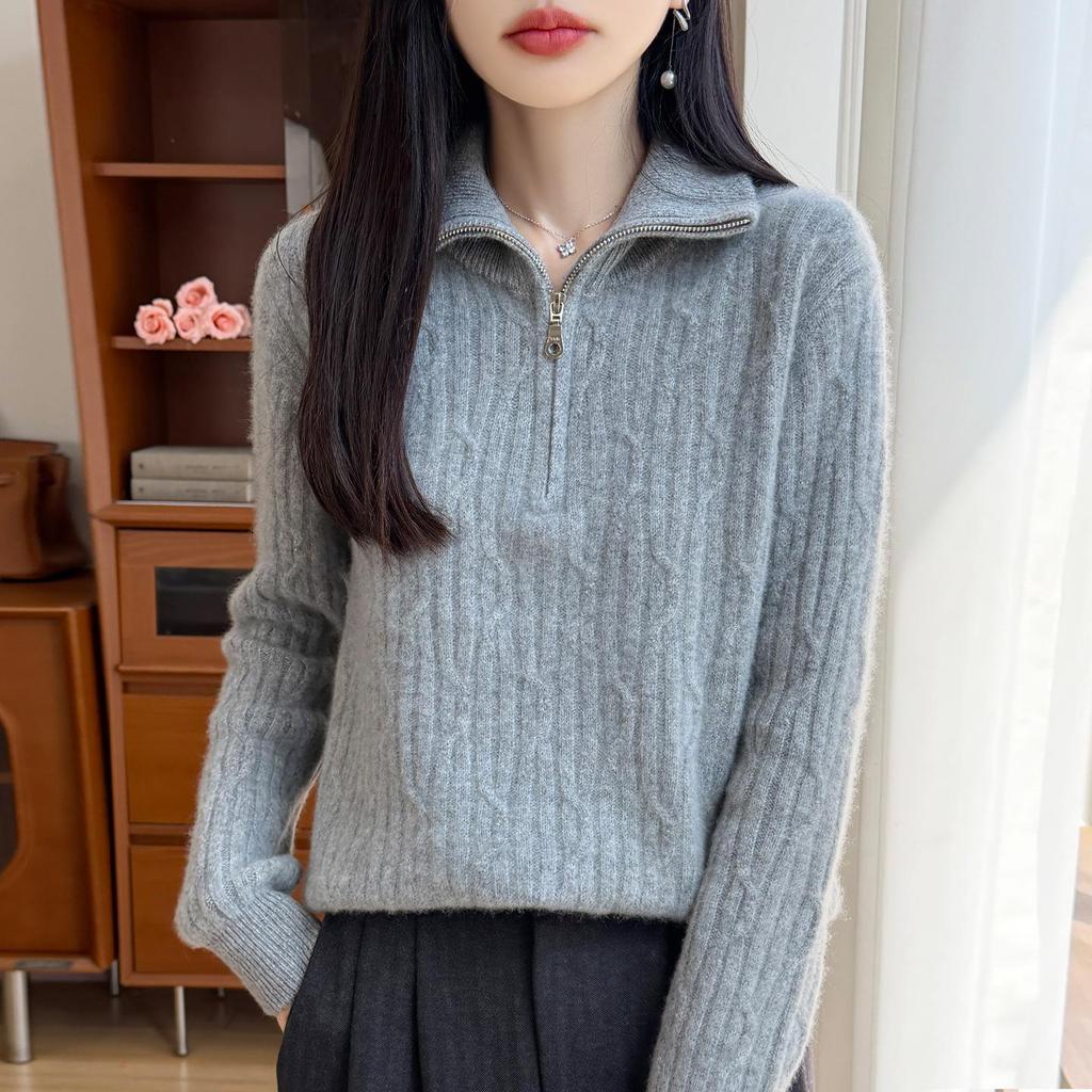 2026 Autumn/Winter Women's Pure Wool Cable Knit Half-Zip Lapel Sweater
