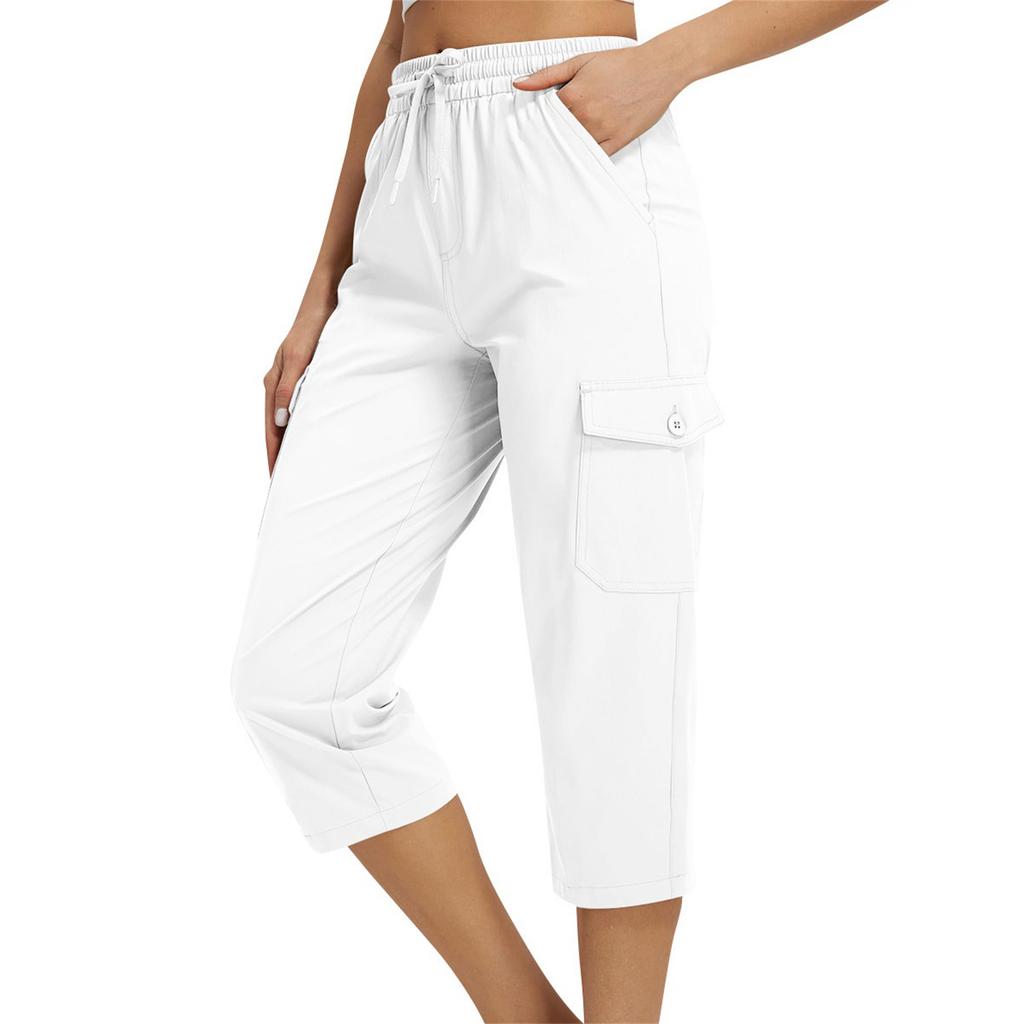 Damen locker sitzende High-Waist Wanderhose mit elastischem Bund, leicht, mit zwei Taschen, lässige Capri-Hose für Outdoor-Aktivitäten