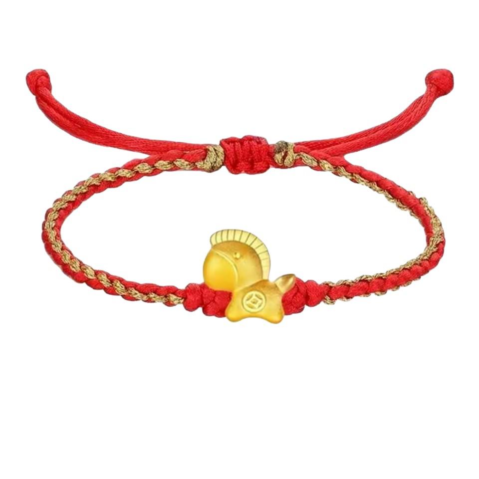 Gold 999 Zodiac Horse Charm Bracelet with Red Rope - Birth Year Gift for Girlfriend