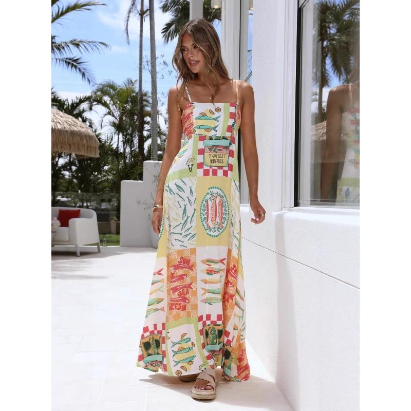 New European and American Casual Linen Spaghetti Strap Vacation-style Large Hem Dress