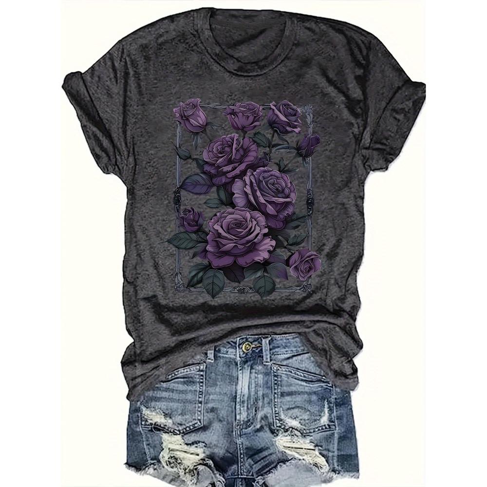 

Dark Purple Roses Women s Tee - Gothic Floral Graphic, Casual Vintage Top M