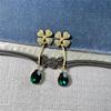 Osc Retro Gold Curved Hook Four-Leaf Clover & Teardrop Green Diamond Dangle Earrings for Women