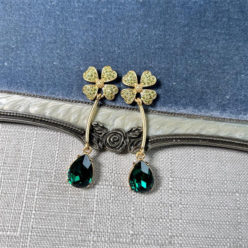 Osc Retro Gold Curved Hook Four-Leaf Clover & Teardrop Green Diamond Dangle Earrings for Women