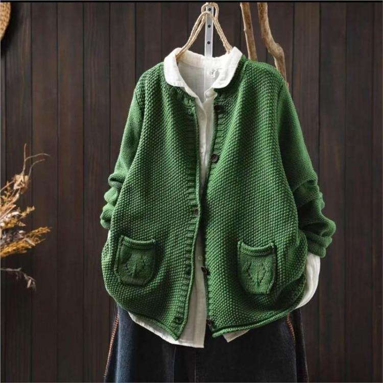 Vintage Knitted Sweater Women Autumn Casual Solid Color Button Patchwork Pockets