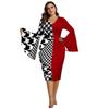 2024 Plus Size V-neck Bodycon Dress with Bell Sleeves and Positioned Print