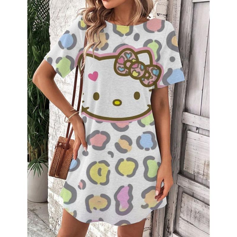 Mini Sukienka Elegancka Sukienka Damska Hello Kitty Okrągły Dekolt Krótki Rękaw Modna Lato 2025 Moda Seksowna