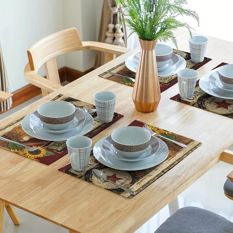 1PC Set Linen Meal Mat with Rooster Pattern Farmhouse Style Decorative Table Pad Washable and Placemat Suitable for Kitchen