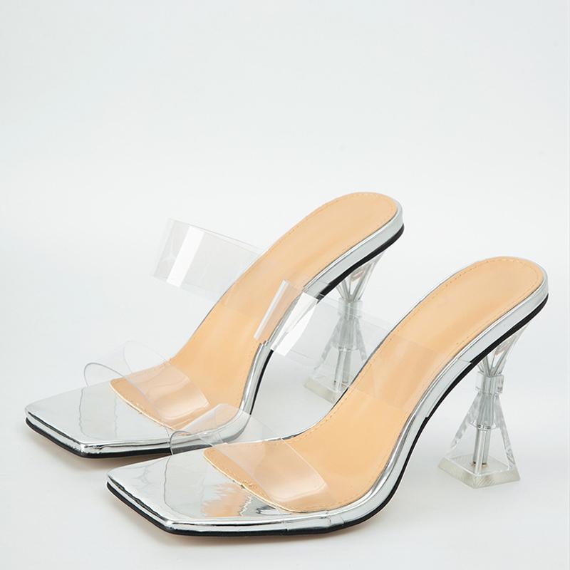 Liyke Summer 9 .5 Cm Clear Heels For Women Sliders Shoes Fashion Square Toe Pvc Transparent Slippers Ladies Sandals Pumps Size 42