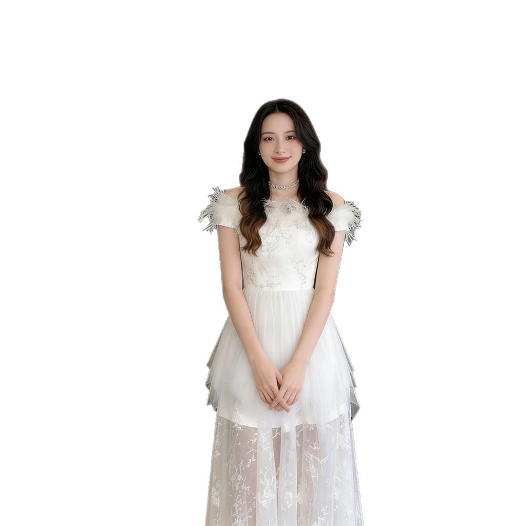 One-word Shoulder White Light Wedding Dress Bridal French Mesh Splicing Dress Advanced Texture Small Man Going Out Yarn Long Dress