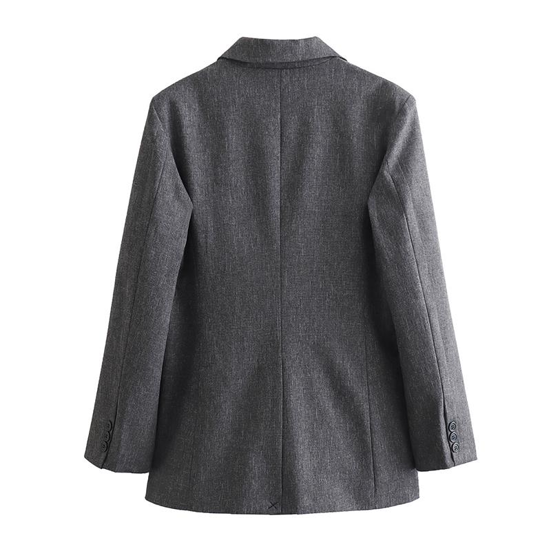 Women Fashion with Pockets Grey Single Button Blazer Vintage Notched Neck Long Sleeves Female Chic Lady